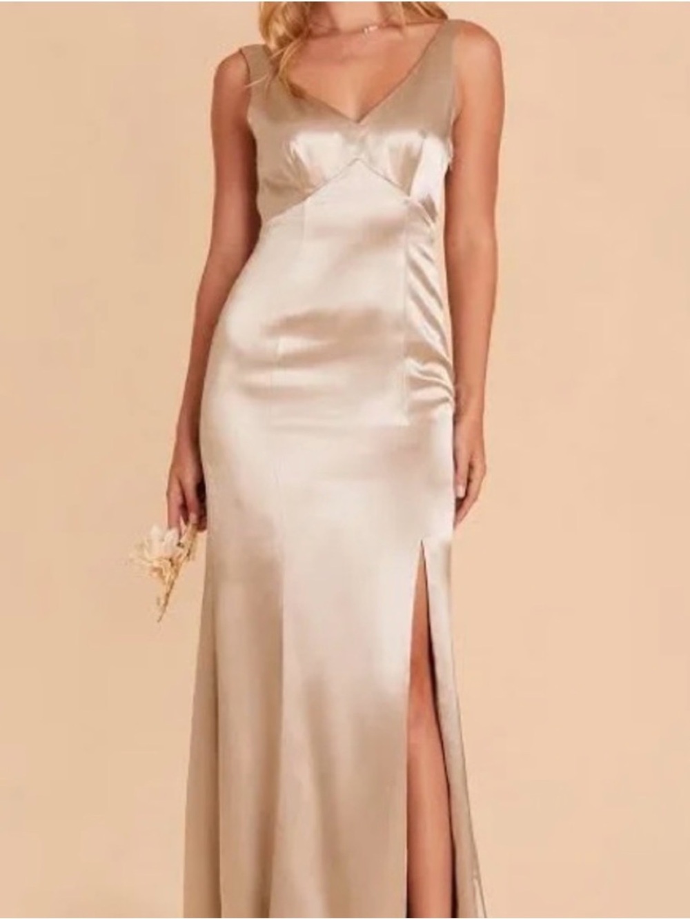 Birdy Grey Gloria Satin V-Neck Champagne Slip Dress with Side Slit